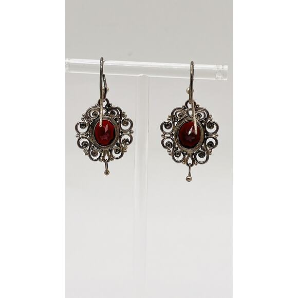 Sterling Silver 925 Red Maroon Spinel Stone Earrings Vintage Dangle Filigree - Picture 1 of 5